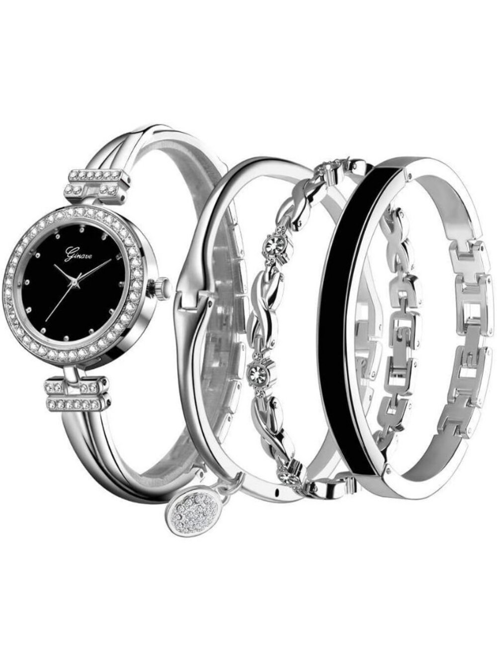 Women's Silver Stylish Four-Piece Bangle Fashionable Analog Quartz Wrist Watch